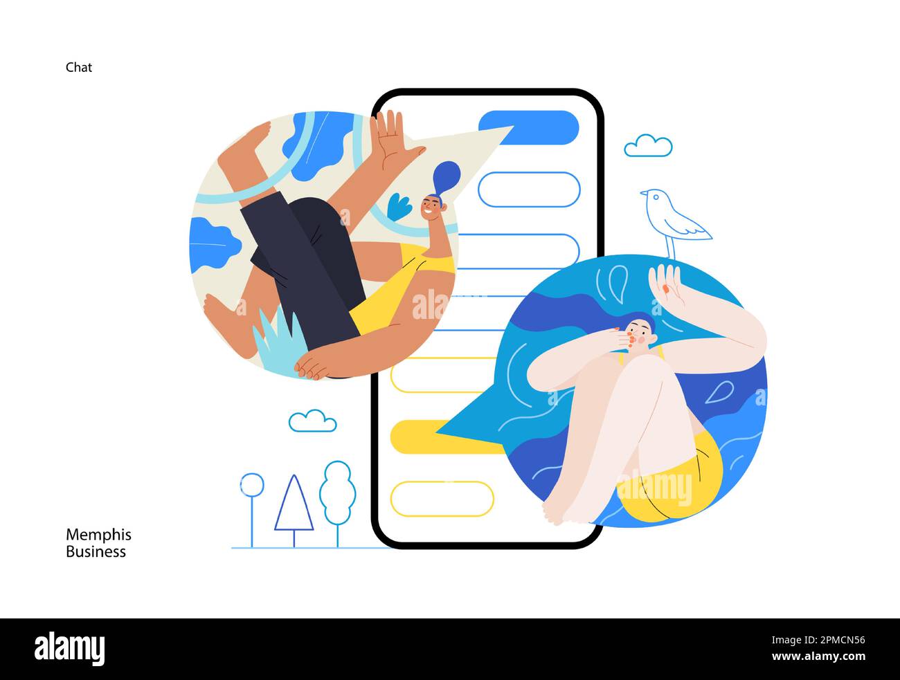 Memphis business illustration. Chat -modern flat vector concept illustration of people chatting in a phone messenger app, conversation, relations. Com Stock Vector