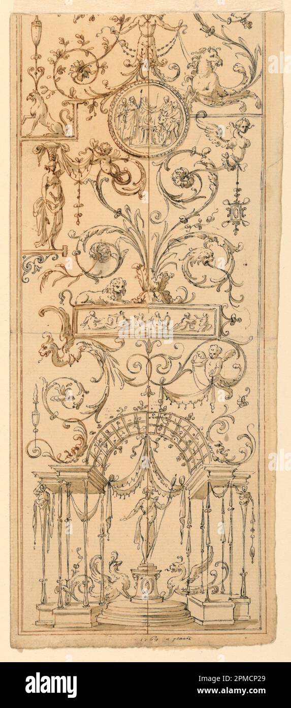 Drawing, Design for a Painted Panel; Designed by Jean-Guillaume Moitte (French, 1746–1810); France; pen and chinese ink, brush and sepia on paper; 39.7 × 10.7 cm (15 5/8 × 4 3/16 in.) Stock Photo