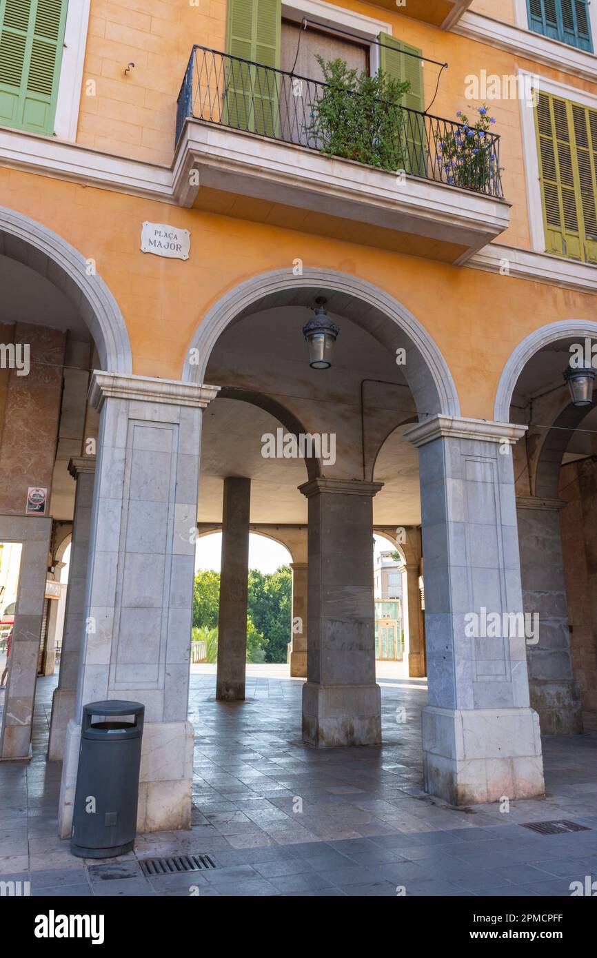 Palma, Mallorca, Balearic Islands, Spain. July 21, 2022 - Arches under the buildings of the Plaza Mayor in Palma, the main square surrounded by arcade Stock Photo