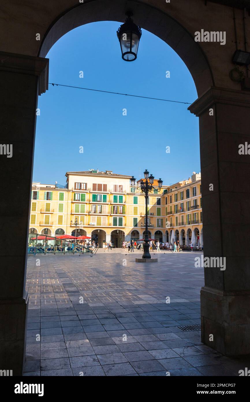 Palma, Mallorca, Balearic Islands, Spain. July 21, 2022 - Arche under the buildings of the Plaza Mayor in Palma, the main square surrounded by arcades Stock Photo