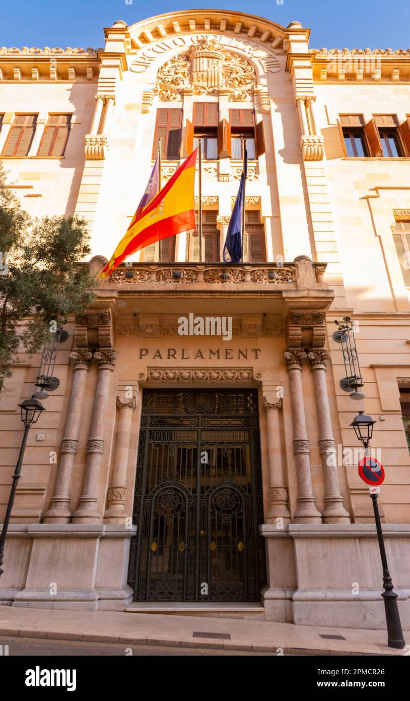 Palma, Mallorca, Balearic Islands, Spain. July 21, 2022 - Main facade of the modernist style building of the Balearic Autonomous Parliament, by the ar Stock Photo