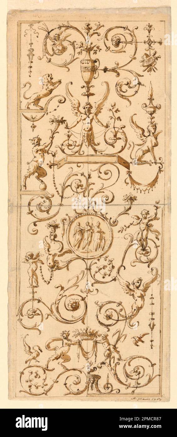 Drawing, Design for a Painted Panel; Designed by Jean-Guillaume Moitte (French, 1746–1810); France; pen and chinese ink, sepia on paper; 26.9 × 10.6 cm (10 9/16 × 4 3/16 in.) Stock Photo