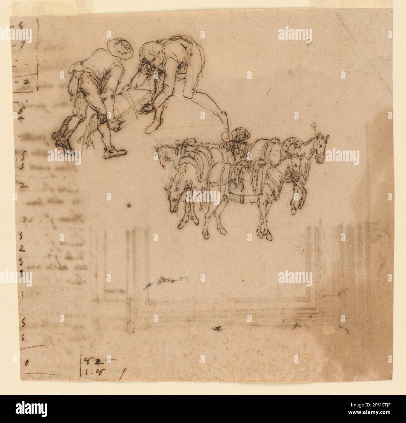 Drawing, Drawing: A) Two men carrying a trunk; four mules with a driver ...