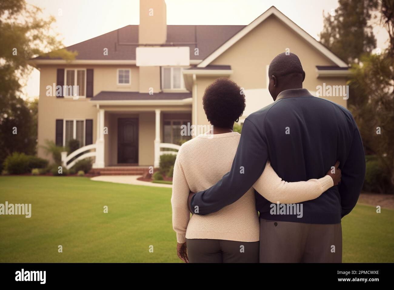 wealthy black skin couple standing in front of a home Stock Photo