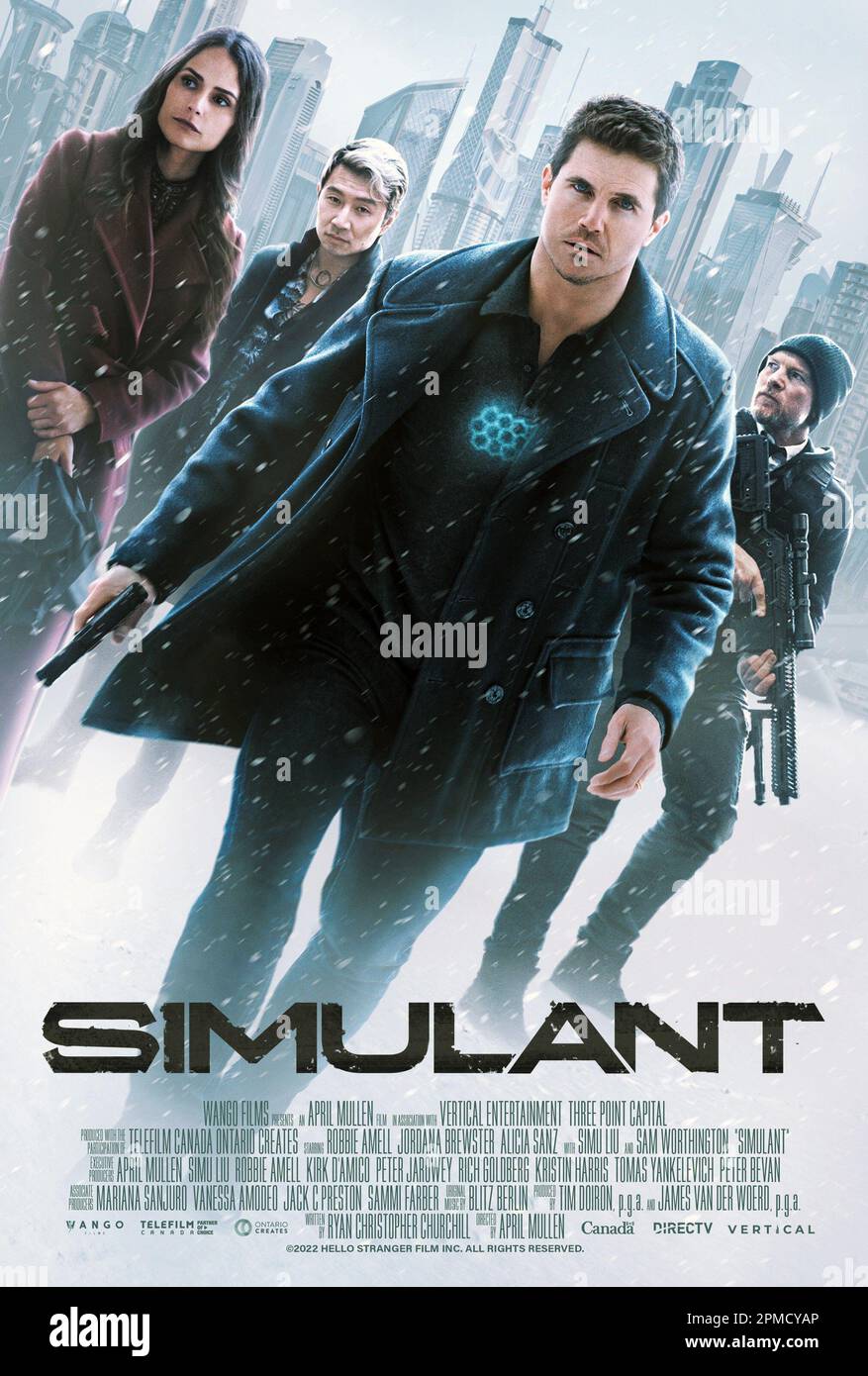 SIMULANT, poster, from left Jordana Brewster, Simu Liu, Robbie Amell