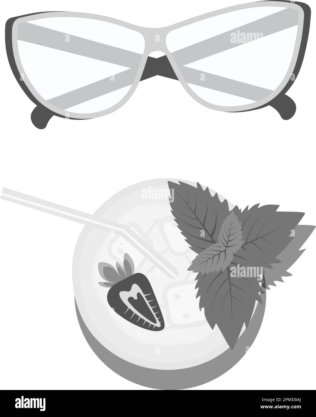 Set of glasses with clear lenses and mojito cocktail with strawberries and mint in grayscale. Isolate. Design element for advertising promotion, greeting or invitation, price or label, brochure. EPS Stock Vector