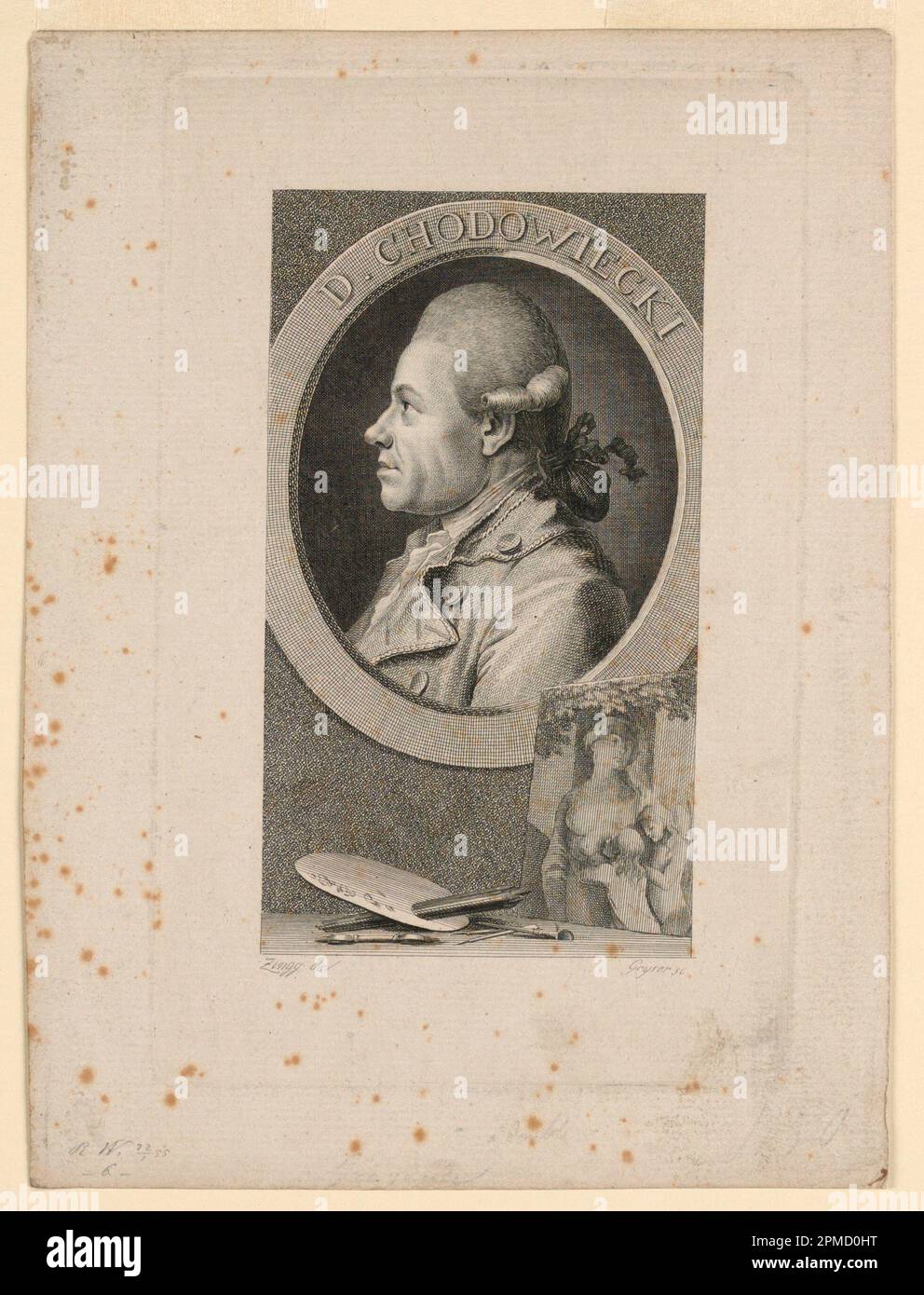 Print, Portrait of Daniele Chodoiecki, Frontispiece for 'Neue Bibliotheh der scönen Wissenschaften,' Leipzig, Germany, 1780, 1779–1780; Germany; stipple and line engraving with etching on paper; 20.8 × 15.6 cm (8 3/16 × 6 1/8 in.) Stock Photo