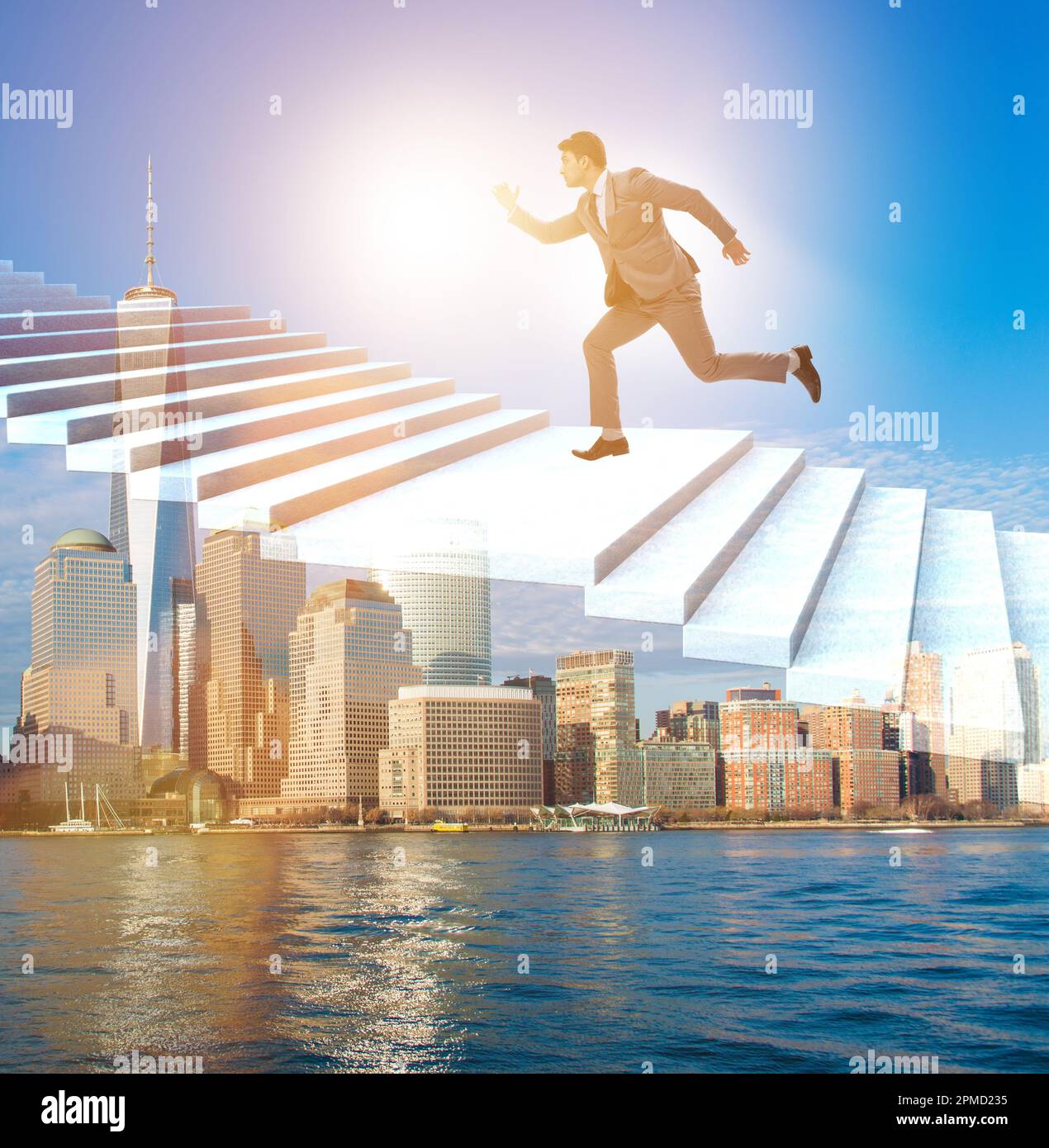 The businessman climbing career ladder over city Stock Photo - Alamy