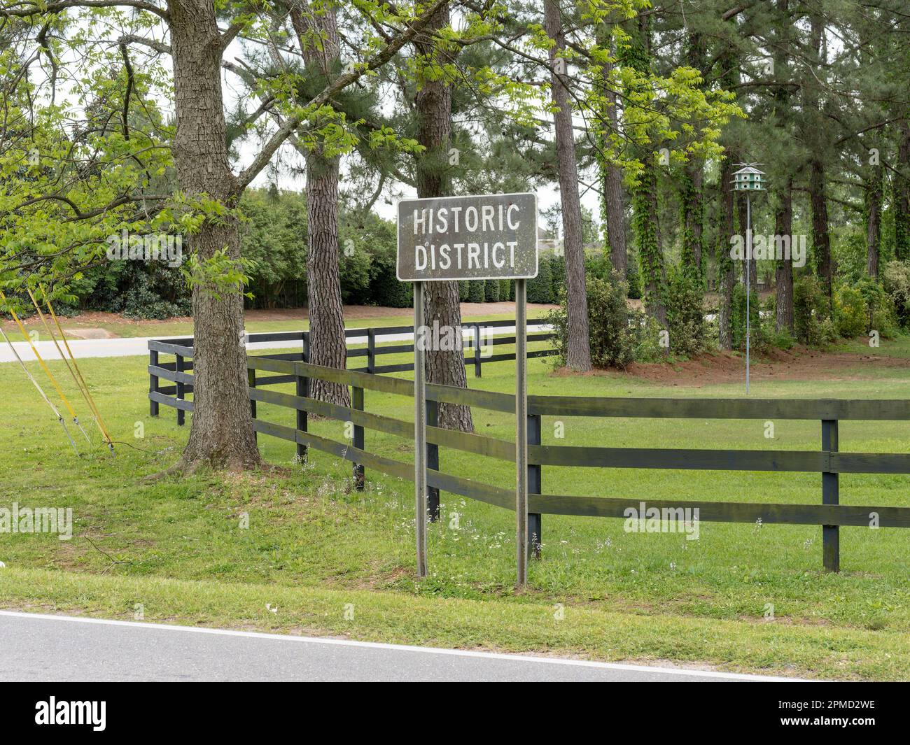 Historic District sign posted in the area to denote a historical area of a rural community with noted history in Pike Road Alabama, USA. Stock Photo