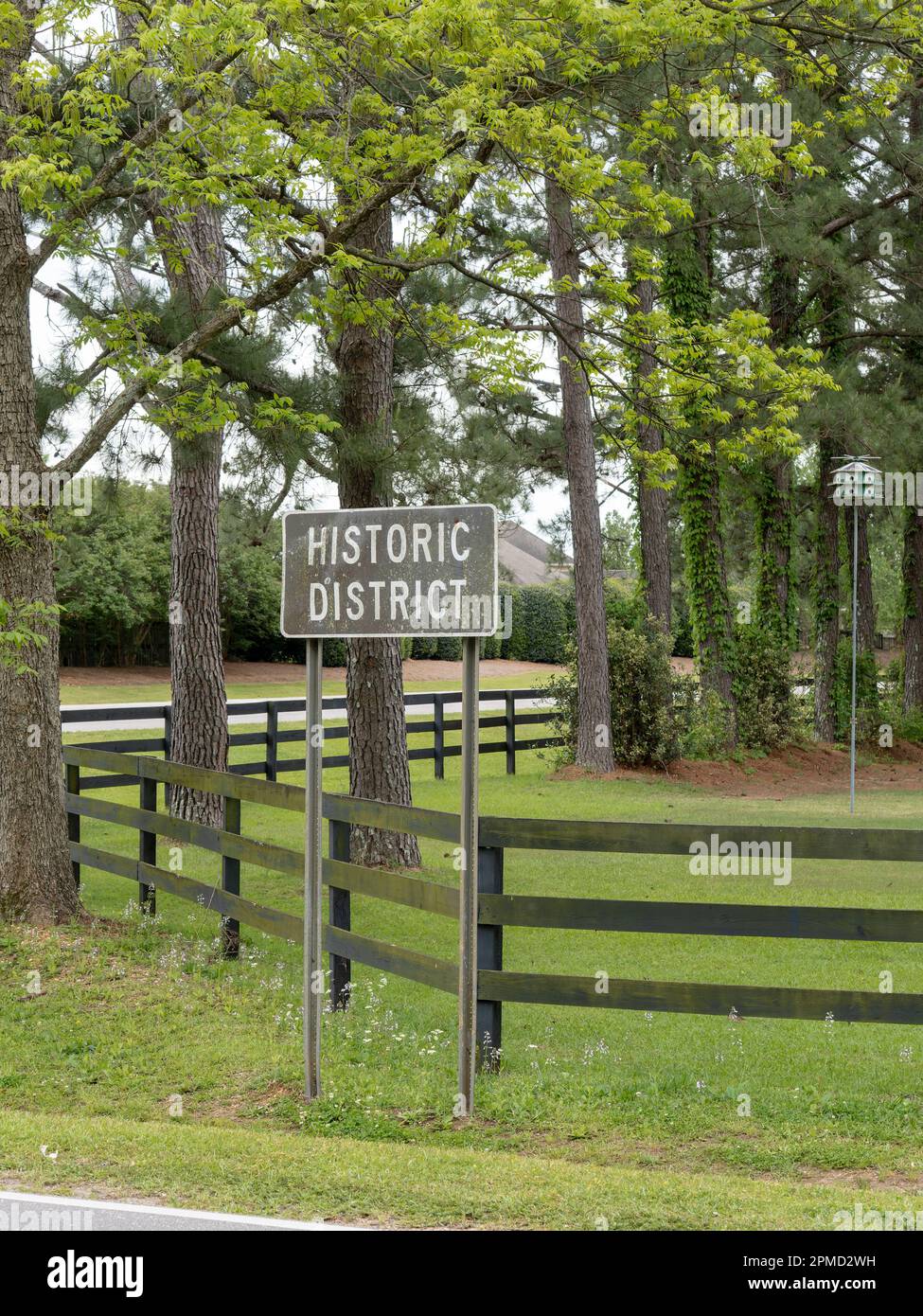 Historic District sign posted in the area to denote a historical area of a rural community with noted history in Pike Road Alabama, USA. Stock Photo