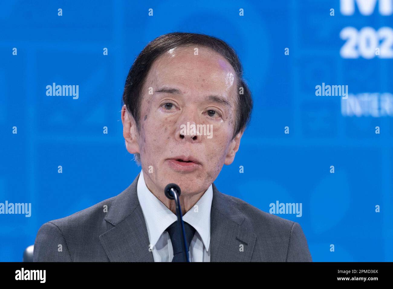 Washington, United States. 12th Apr, 2020. Central Bank Governor of Japan Kazuo Ueda speaks during a press conference on the 2023 G7 Summit in Hiroshima at the International Monetary Fund Headquarters in Washington, DC on Wednesday, April 12, 2023. Photo by Bonnie Cash/UPI Credit: UPI/Alamy Live News Stock Photo