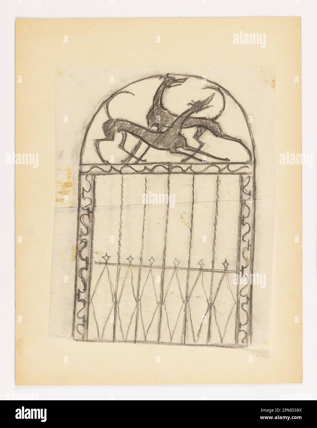 Drawing, Design for a Gate, Two Hounds; Designed by William Hunt Diederich (American, b. Hungary, 1884–1953); USA; black crayon on tracing paper; 27.5 x 21.6 cm (10 13/16 x 8 1/2 in.) Stock Photo