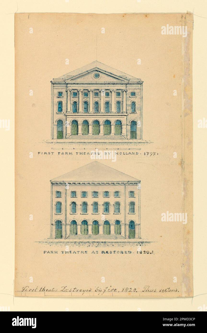 Drawing, Two Elevations of the Facades of the Park Theater, New York; Designed by Alexander Jackson Davis (American, 1803–1892); USA; pen and ink with blue, green, and gray washes on cream-colored paper Stock Photo
