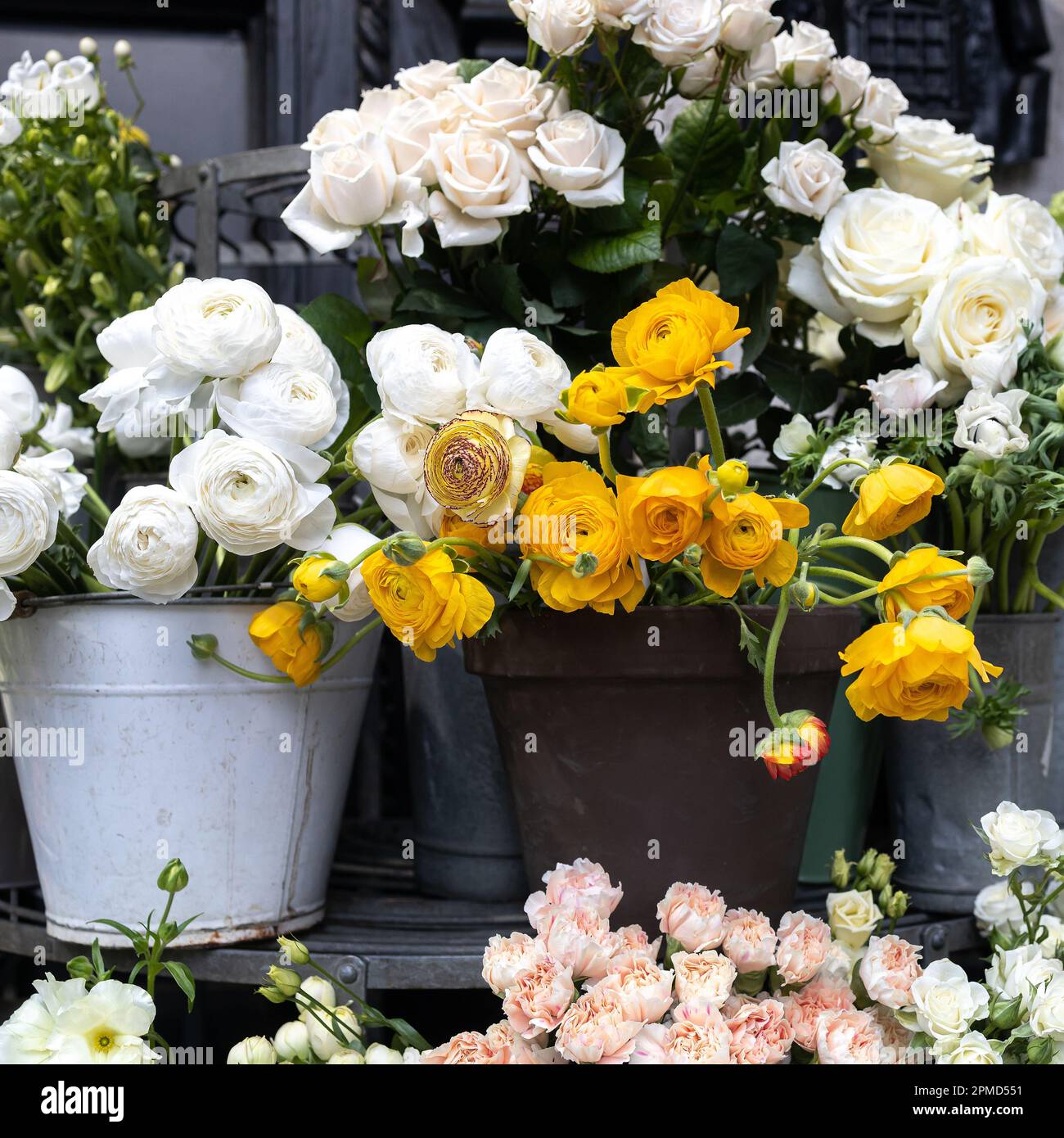 Large armfuls of pink roses, yellow and white ranunculus, bluebell
