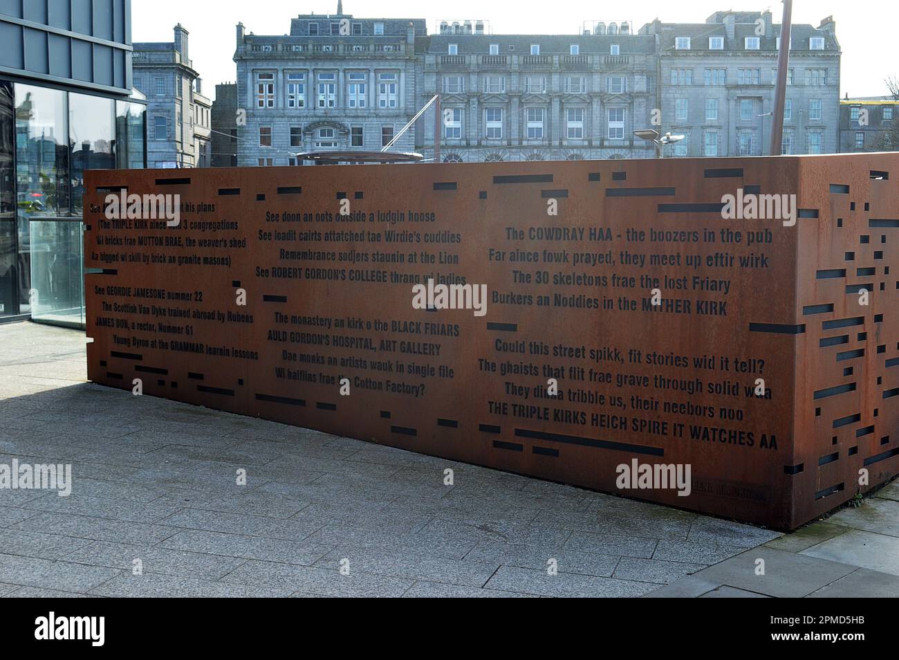11 APRIL 2023 - ABERDEEN, SCOTLAND: Installation outside The Point, Schoolhill, Aberdeen with inscription of poetry by local poet Sheena Blackhall Stock Photo