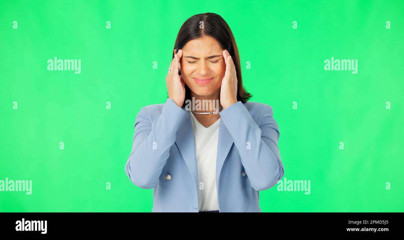 Business woman, headache and pain on green screen, studio and stress of