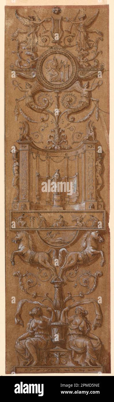 Drawing, Arabesque Panel; Attributed to Jean Louis Prieur, French (1732 - 1795), Henri Salembier (French, 1753 - 1820); France; pen and brown ink, brush and brown wash, white gouache on white laid paper; 43.1 x 12.4 cm (16 15/16 x 4 7/8 in.) Mat: 55.9 x 40.6 cm (22 x 16 in.) Stock Photo