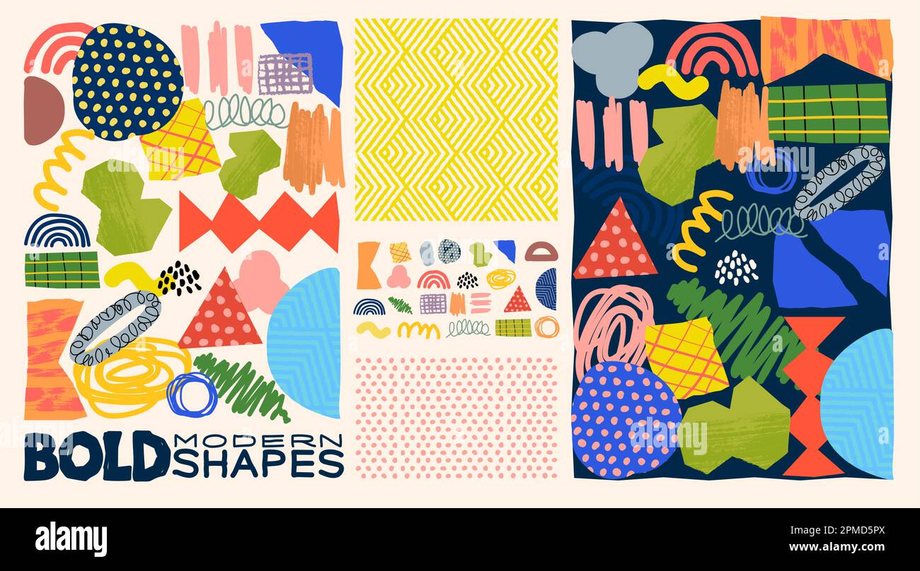 A collection of bold and playful collage cut out shapes, textures and patterns. Layout vector illustration. Stock Vector