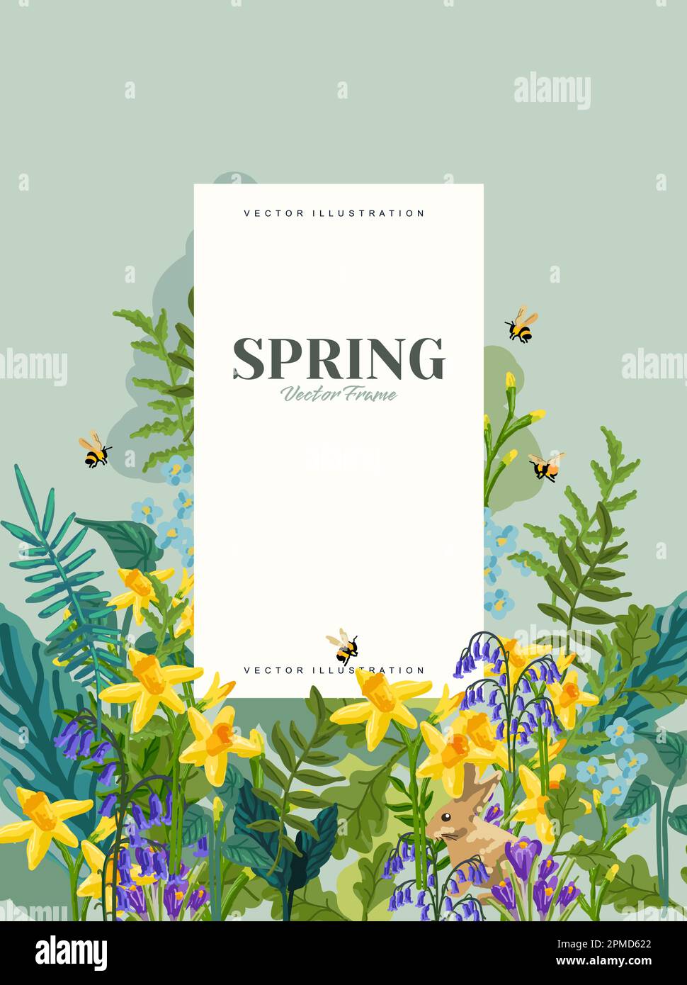 Floral Spring background layout with flowers, plants and bumblebees, vector illustration. Stock Vector