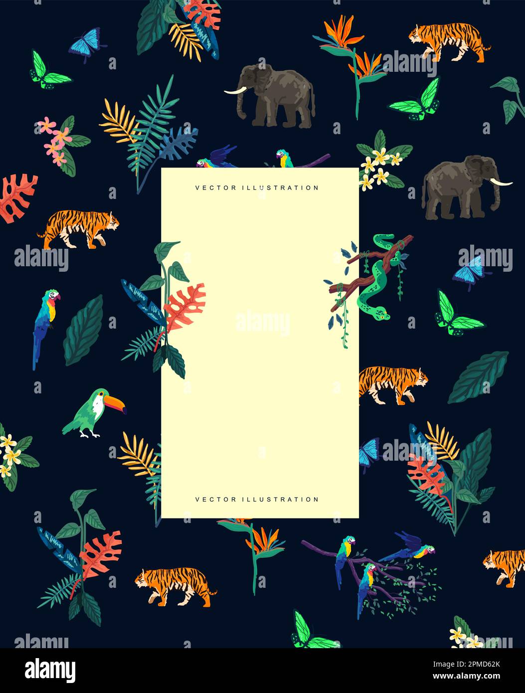 Dark wild rain forest elements and tropical plants with wildlife. Vector illlustration. Stock Vector