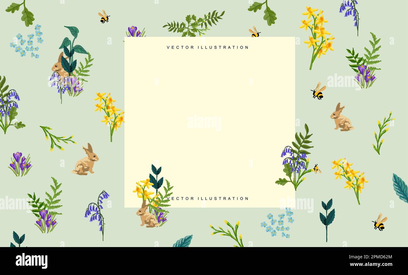 Floral Spring background with bluebells, daffodils and wild plants. Vector decorative layout composition Stock Vector