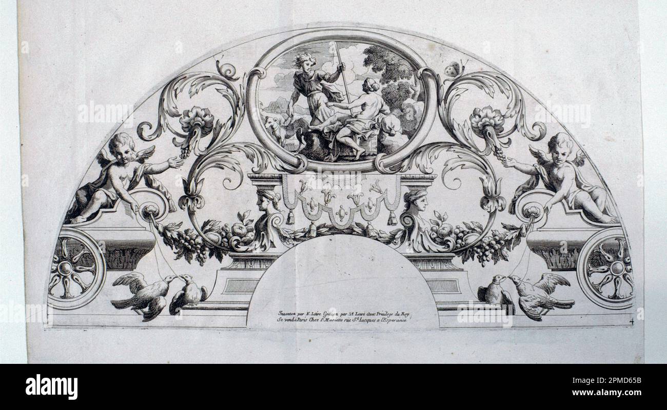 Print, Fan leaves, Third and fourth plates of the set, 'Divers Desseins de grands Eventails, Encrans, et autres Ornamens, inventés et gravés par Nicolas Loire'; Engraved by Alexis Loir; After Nicolas Loir (French, 1624 - 1679); France; etching, engraving on laid paper; 35.1 x 44 cm (13 13/16 x 17 5/16 in.) Platemark: 21.8 x 41.8 cm (8 9/16 x 16 7/16 in.); 1944-16-8-2 Stock Photo