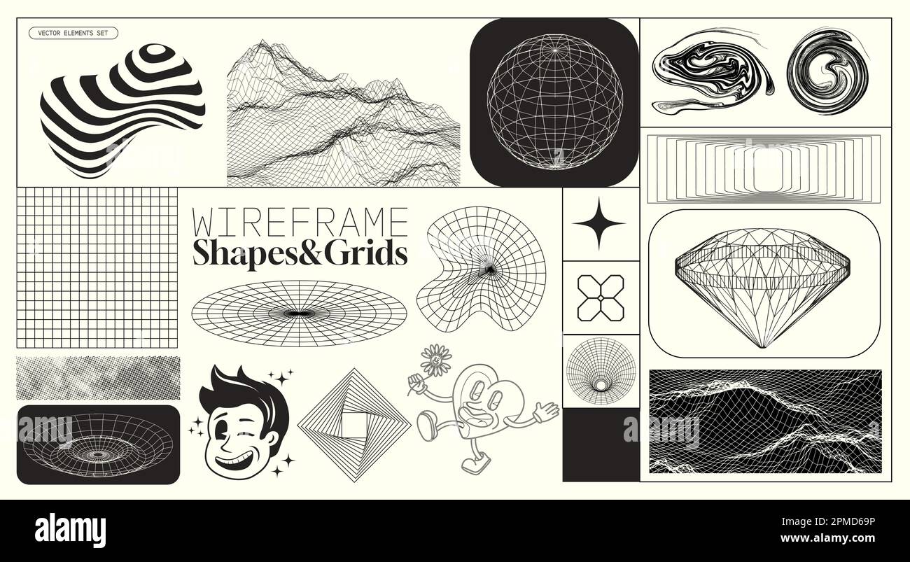 A collection of futuristic Y2K wireframe patterns and geometric grids for layouts and design. Vector illustration kit Stock Vector
