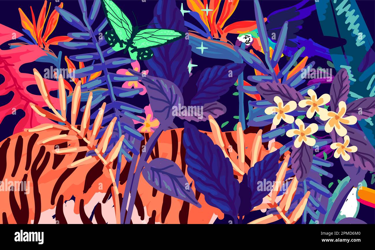 Midnight rainforest magical texture and paint stroke pattern, vector illustration Stock Vector