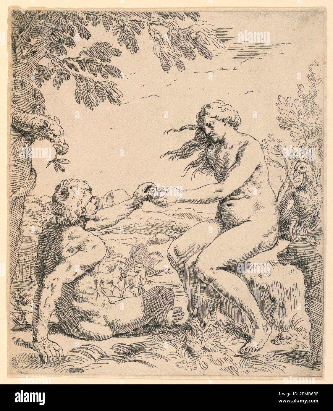 Print, Adam and Eve; Print Maker: Simone Cantarini (Italian, 1612 - 1648); Italy; etching on paper; 19.8 × 17.3 cm (7 13/16 × 6 13/16 in.); 1896-31-38 Stock Photo