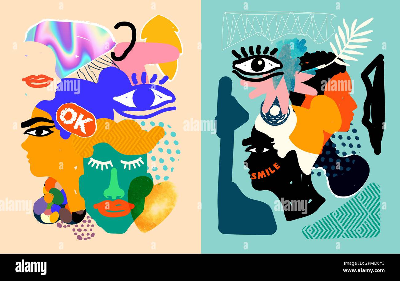 A set of abstract art with faces of people in various shapes and textures. Wellbeing creative vector illustration. Stock Vector