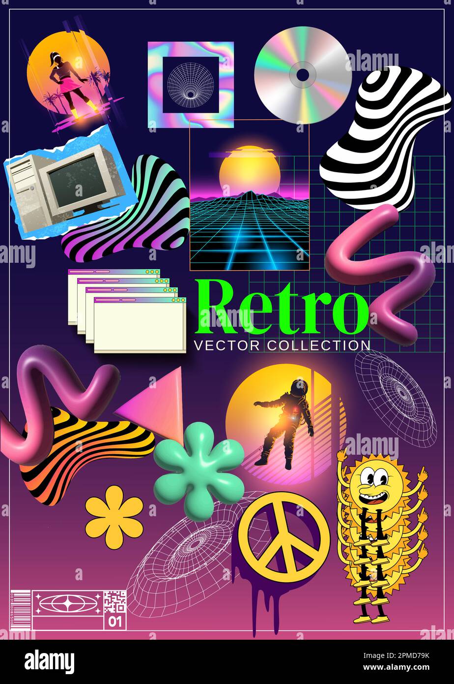 Retro 80s and 90s retrowave and postmodern stickers textures and elements. Vector illustration Stock Vector