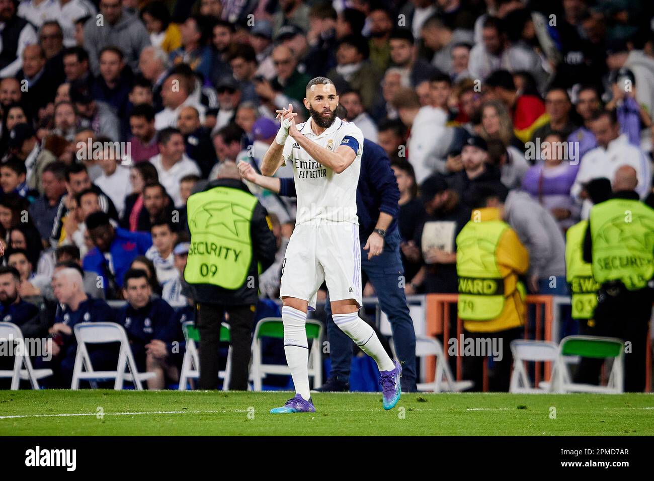Madrid, Spain. 12th Apr, 2023. Karim Benzema of Real Madrid celebrates