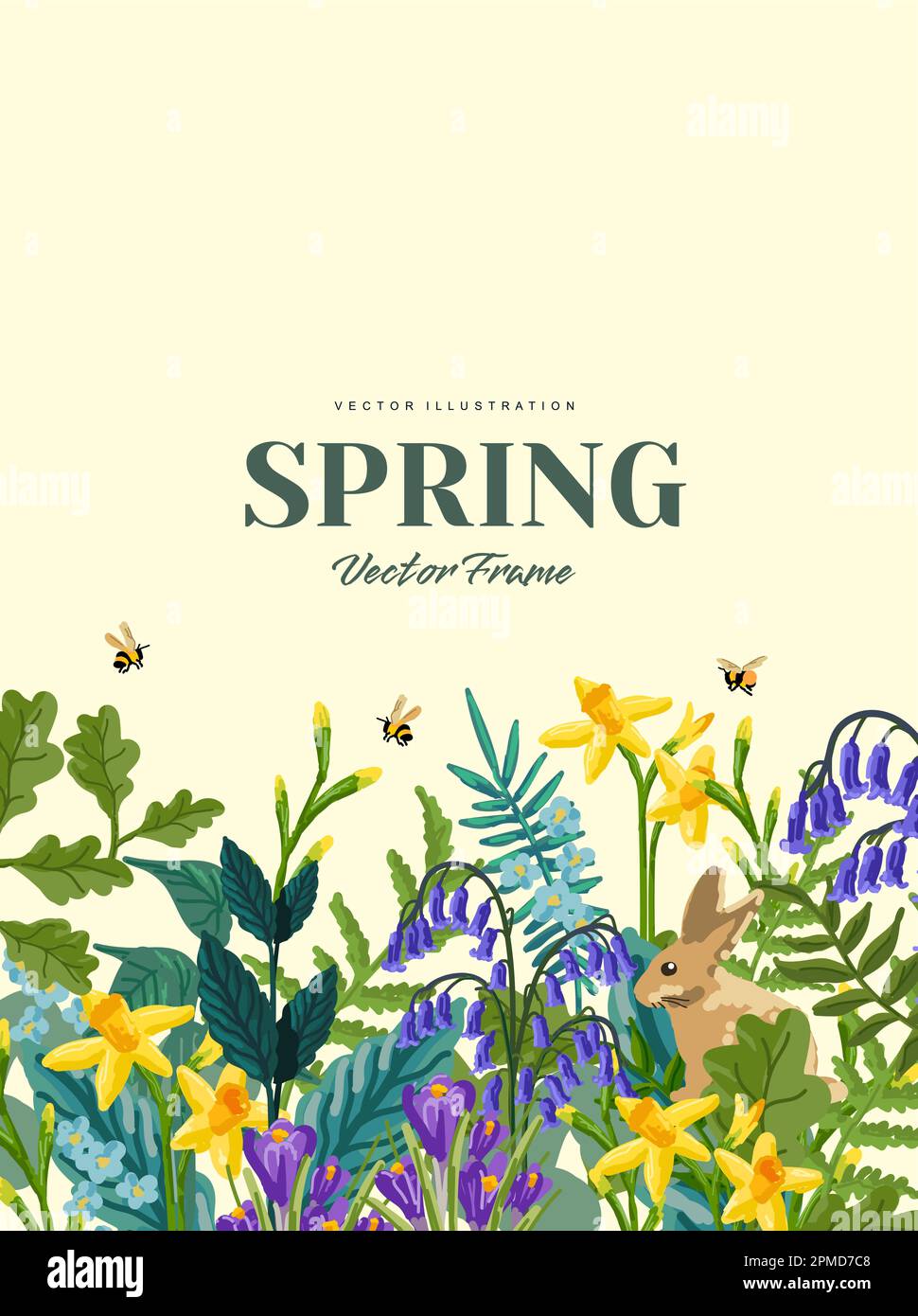 Fresh and colourful Spring flowers with bumblebees. Floral background vector illustration. Stock Vector