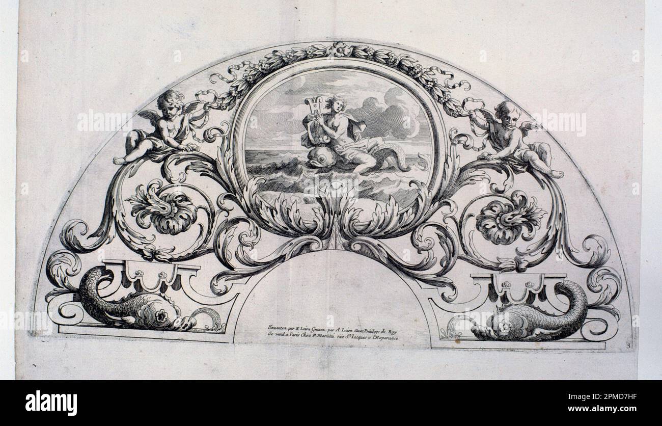 Print, Fan leaves, Third and fourth plates of the set, 'Divers Desseins de grands Eventails, Encrans, et autres Ornamens, inventés et gravés par Nicolas Loire'; Engraved by Alexis Loir; After Nicolas Loir (French, 1624 - 1679); France; etching, engraving on laid paper; 35.1 x 44.2 cm (13 13/16 x 17 3/8 in.) Platemark: 21.7 x 43 cm (8 9/16 x 16 15/16 in.); 1944-16-8-1 Stock Photo