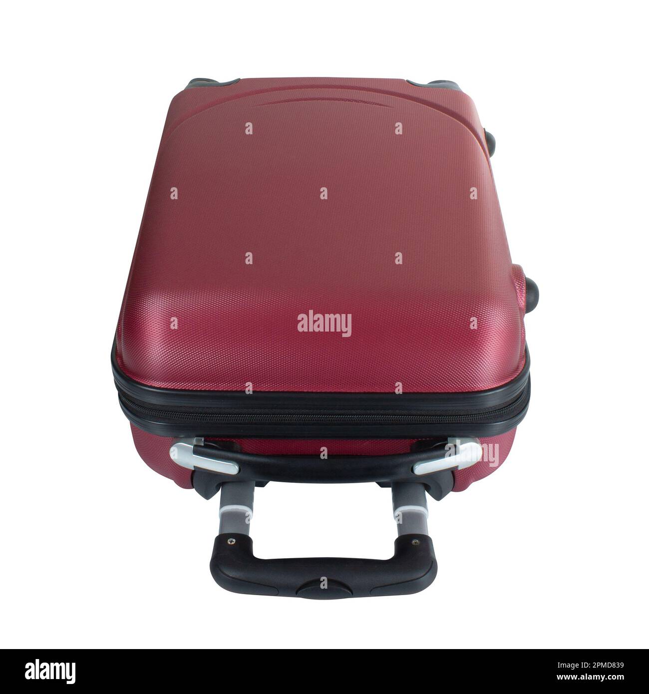 Upper side of purple suitcase isolated on white background with