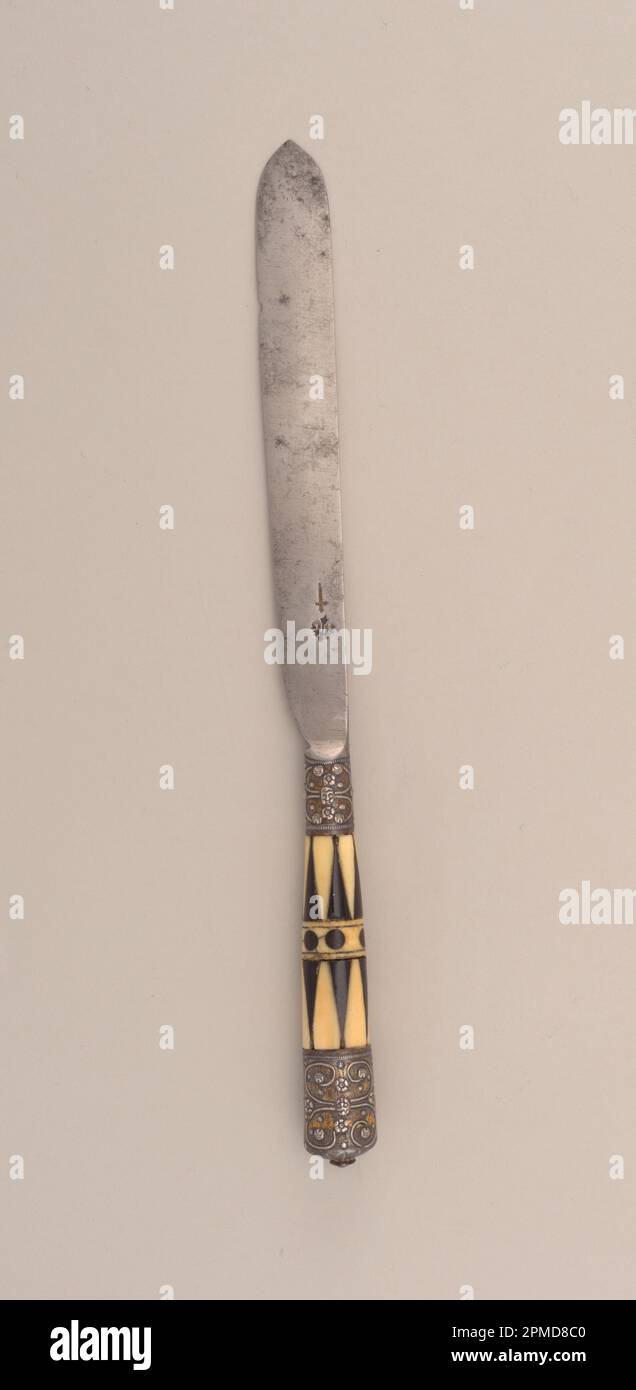 Knife (England); steel, silver, gold, ivory, bone; L x W: 22.5 x 1.7 cm (8 7/8 x 11/16 in.); The Robert L. Metzenberg Collection, gift of Eleanor L. Metzenberg; 1985-103-86 Stock Photo