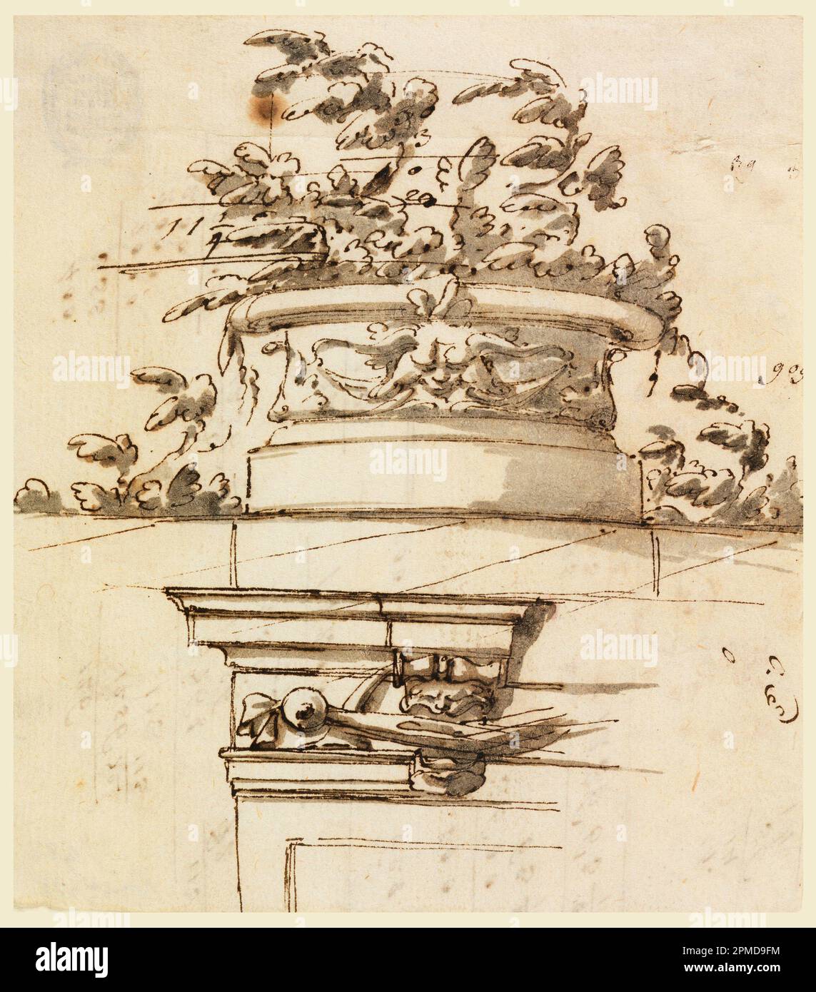 Drawing, Architectural Ornaments; Possibly by Carlo Marchionni (Italian, 1702–1786), Filippo Marchionni (Italian, 1732–1805); Italy; pen and black ink, brush and gray watercolor on cream laid paper; 13 × 11.6 cm (5 1/8 × 4 9/16 in.) Mat: 56 × 40.7 cm (22 1/16 in. × 16 in.) Stock Photo