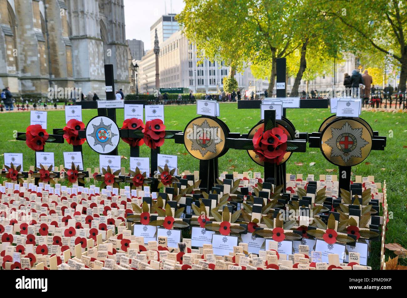 Crosses and poppies in the Field of Remembrance at Westminster Abbey, London, England, UK.  In memory of Coldstream Guards plot. Stock Photo