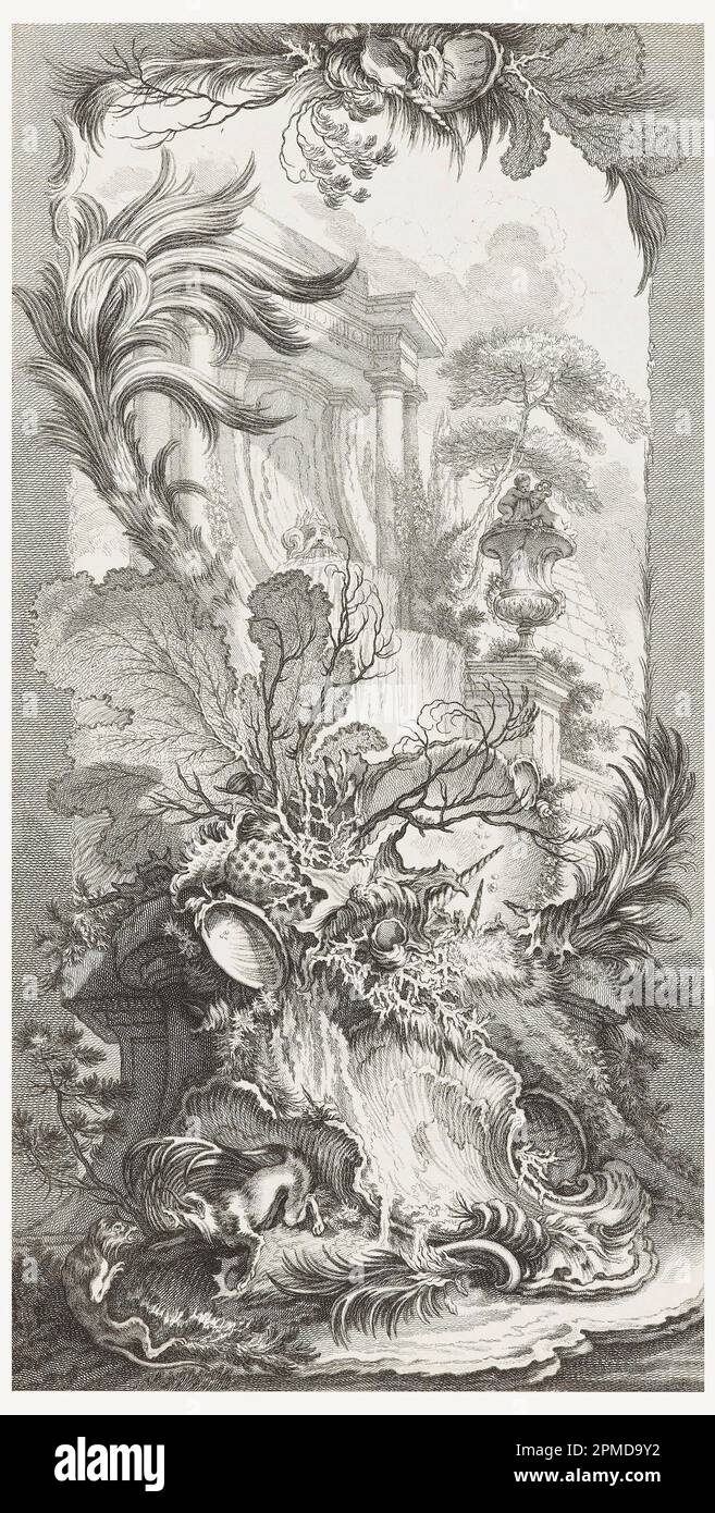 Print, Rocaille (rococo design), in Nouveaux morceaux pour des paravents (New concepts for screens); Designed by François Boucher (French, 1703–1770); Engraved by Claude Augustin Duflos (French, 1700–1786); France; etching, engraving on white paper; 49.4 x 24.8 cm (19 7/16 x 9 3/4 in.) Frame: 60.3 x 44.8 x 2.5 cm (23 3/4 x 17 5/8 x 1 in.) Mat: 55.9 x 40.6 cm (22 x 16 in.) Stock Photo
