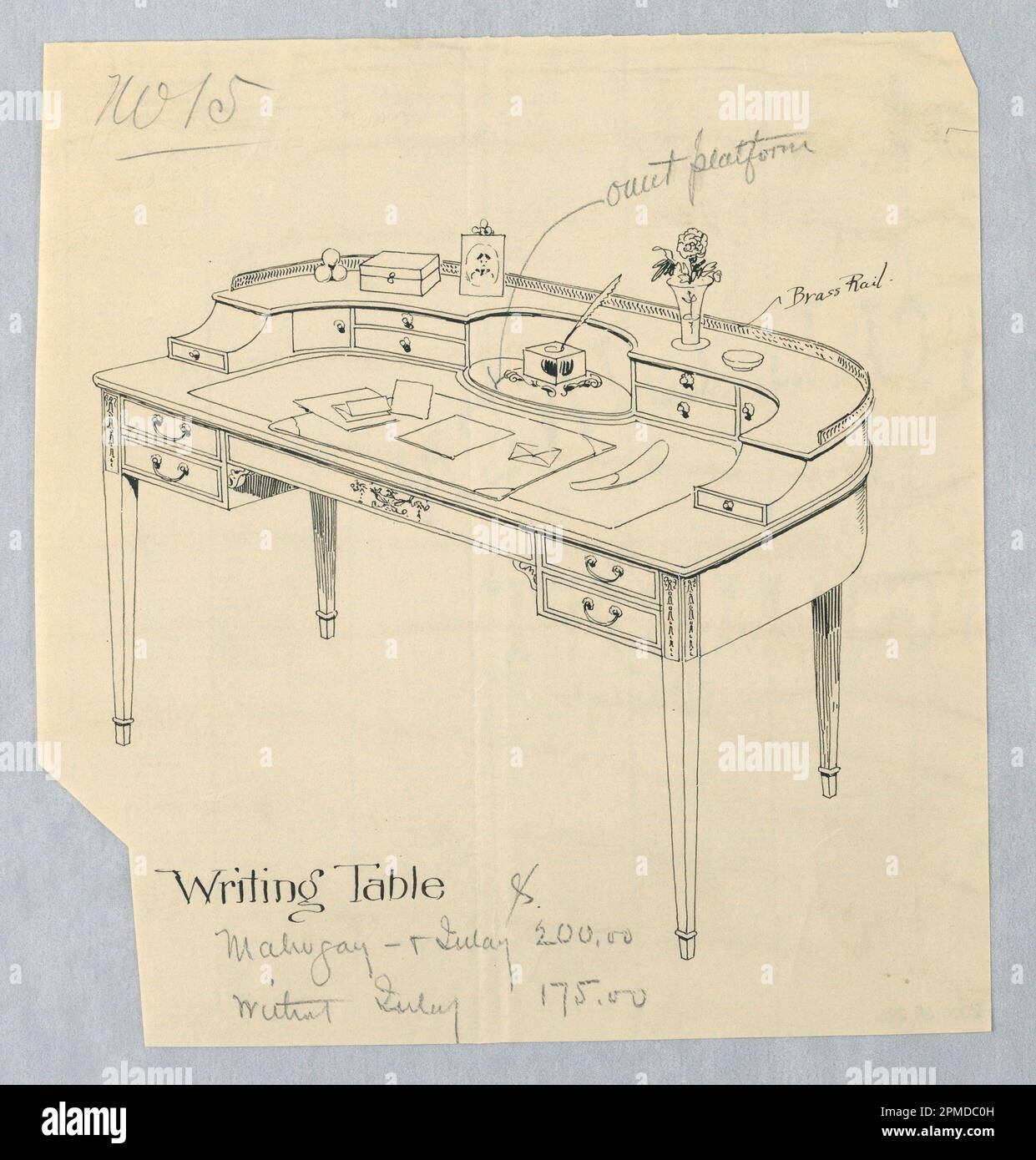 Drawing, Design for Semi-Circular Writing Table No. 15; Designed by A.N. Davenport Co.; pen and black ink, graphite on thin cream paper; 17.8 x 16.5 cm (7 x 6 1/2 in. ) Stock Photo