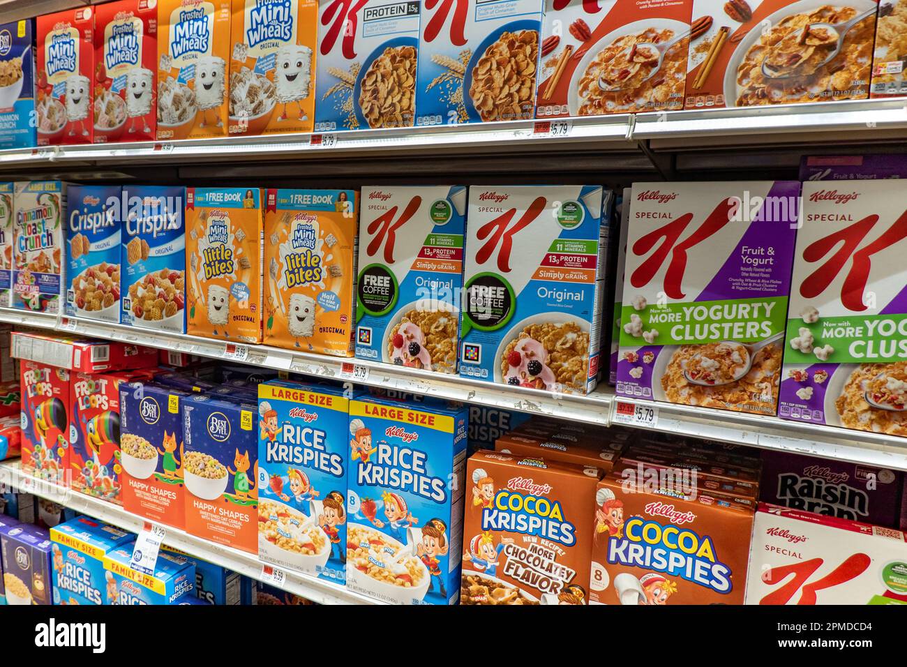 Shelves full of breakfast foods in a small grocery store in the Adirondack Mountains, NY USA Stock Photo