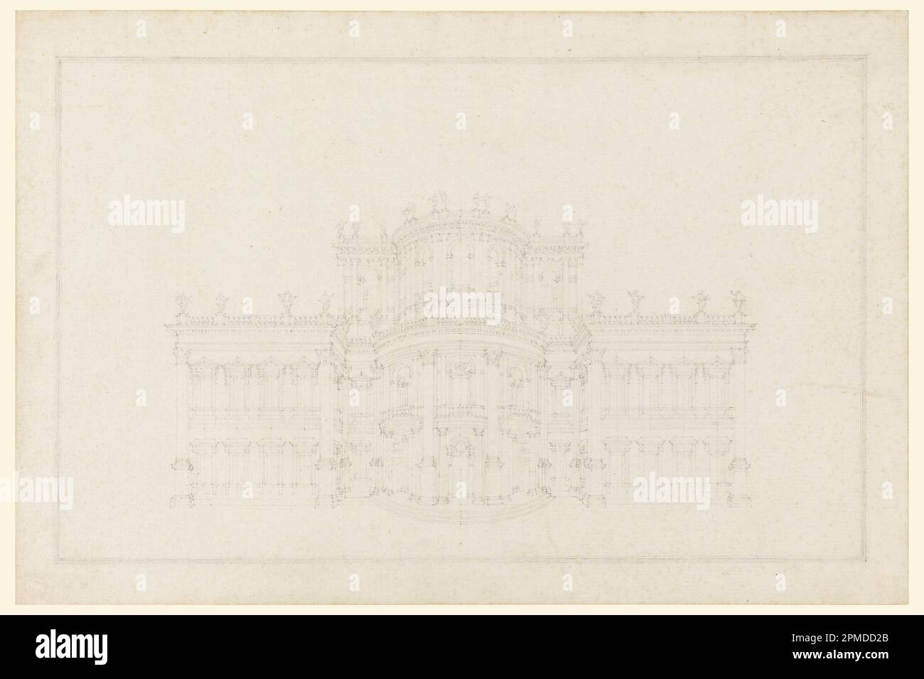 Drawing, Design for the Facade of a Villa; Attributed to Johann Fischer von Erlach (1650 – 1723); Attributions: Mattia de Rossi (1637–1695), Domenico Martinelli (1650 – 1718); Italy; graphite (leadpoint) ; 25.2 x 38 cm (9 15/16 x 14 15/16 in.) Mat: 35.6 x 45.7 cm (14 x 18 in.) Stock Photo