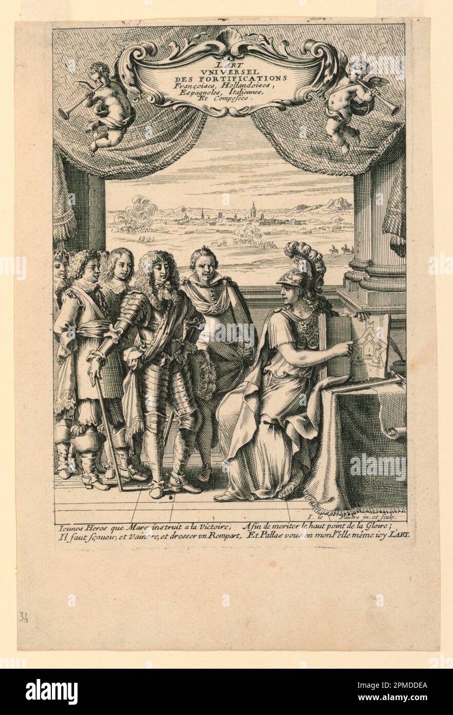Print, Title Page, from 'L'Art Universel des Fortifications Françoises, Hollandoises, Espagnoles, Italiennes et Composées'; Print Maker: Jean Le Pautre (French, 1618–1682); etching on paper; Plate: 20.2 × 14.1 cm (7 15/16 × 5 9/16 in.) Paper: 24.2 × 16.2 cm (9 1/2 × 6 3/8 in.) Stock Photo