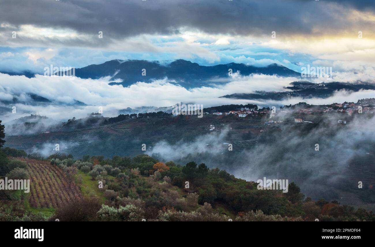 Trás-os-Montes landscape near Vila Real, Portugal, on a stormy day, with the Serra do Alvão in the background. Stock Photo