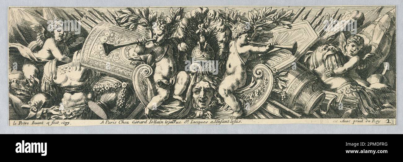Print, Friezes: Trophies of Arms And Putti; Print Maker: Jean Le Pautre (French, 1618–1682); etching on paper; 9.3 × 29.8 cm (3 11/16 × 11 3/4 in.) Stock Photo