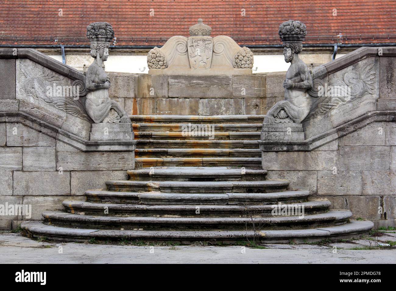 Jugendstil sculptural and stone-carved decorations of the fountain, at the Sprudelhof, mineral waters spa complex, Bad Nauhaim, Germany Stock Photo