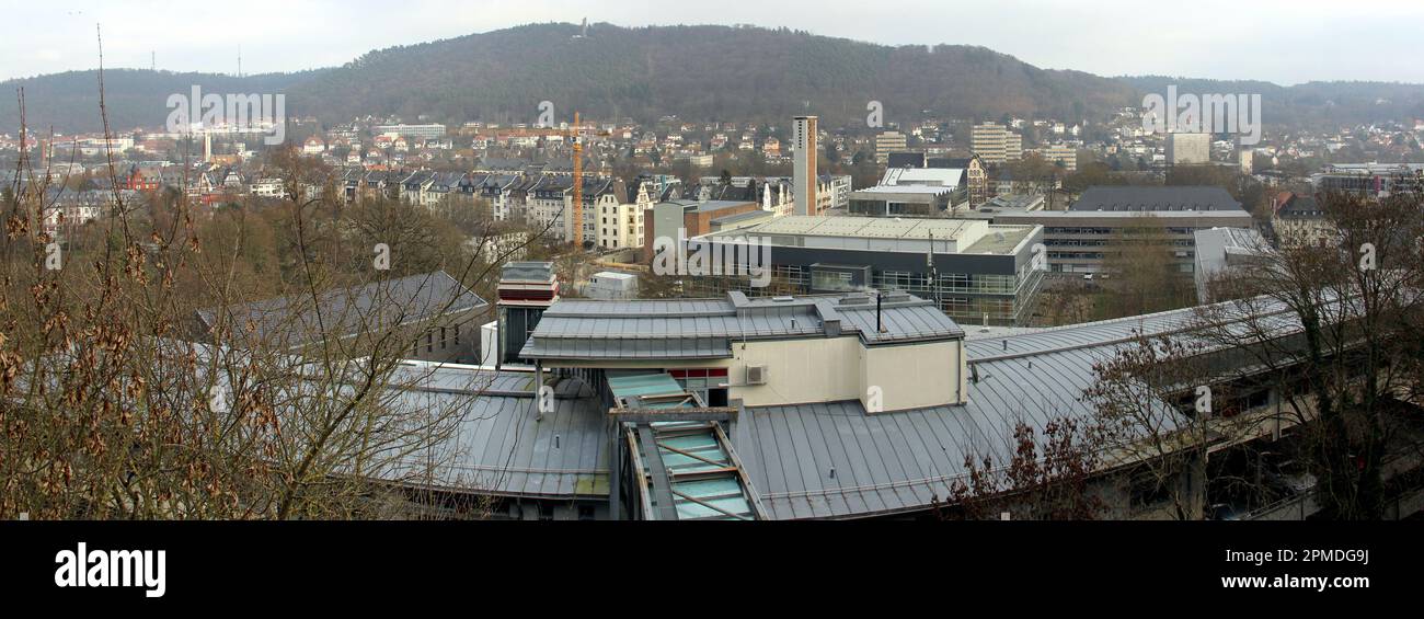 Panoramic view of the western part of the town, with green hills of Lahnberge in the background, Marburg, Germany Stock Photo