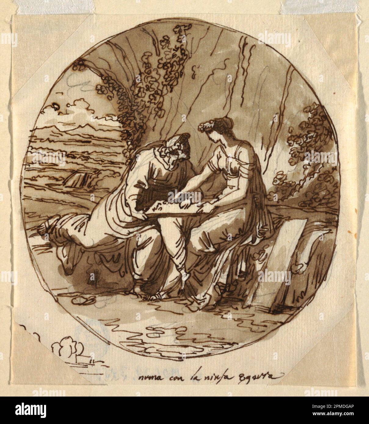 Drawing, Numa Pompilius and Egeria, Sala di Numa Pompilius, Palazzo Milzetti, Faenza, 1802–05; Designed by Felice Giani (Italian, 1758–1823); Italy; pen and brown ink, brown wash, over black chalk on white laid paper; 15.7 x 14.5 cm (6 3/16 x 5 11/16 in.) matted w/ -3458 Mat: 35.6 x 45.7 cm (14 x 18 in.) Stock Photo