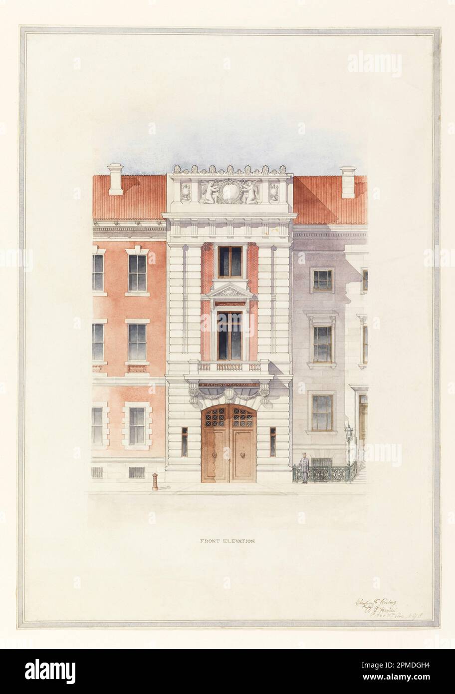 Drawing, Design for a fire house: front elevation; Architect: Christian Francis Rosborg (1881 – 1953); USA; pen and ink, brush and watercolor on paper; 74.8 x 52.6 cm (29 7/16 x 20 11/16 in.) Stock Photo