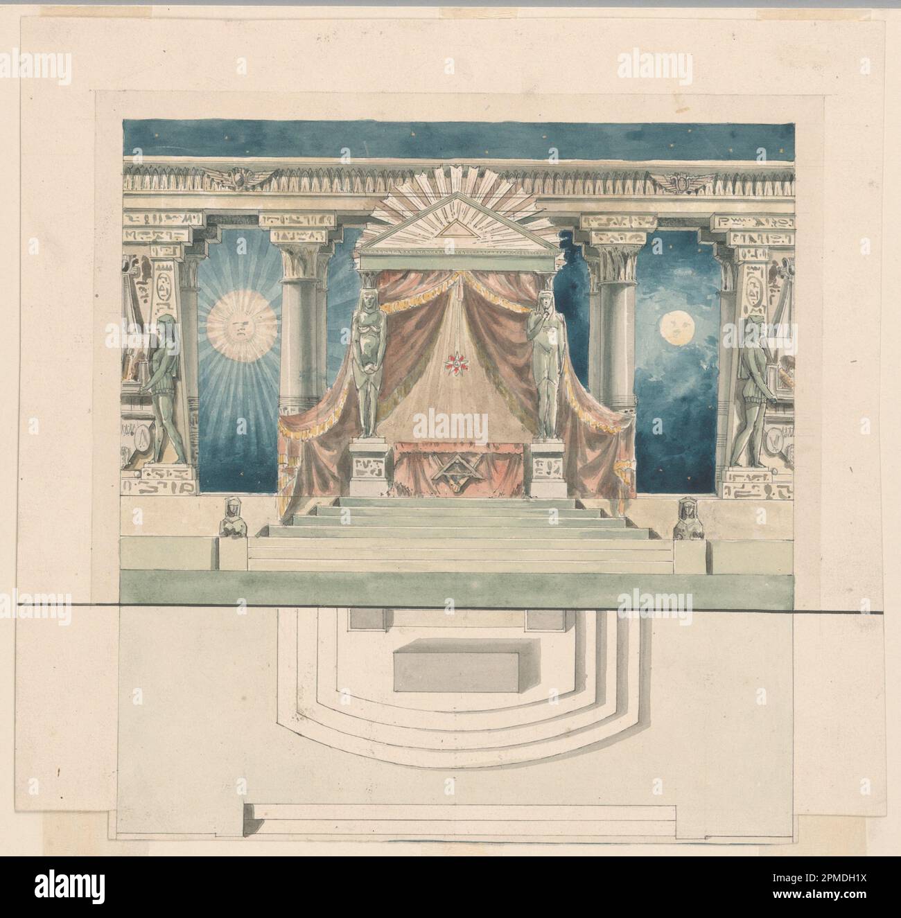 Temple Stage Drawing, Stage Design, Altar in Egyptian Temple; France & Italy; pen ...